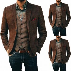 abito da uomo blazer marrone smoking da ballo Herringbe cappotto in tweed di lana monopetto giacca formale a due bottoni per matrimonio / autobus 05sD #