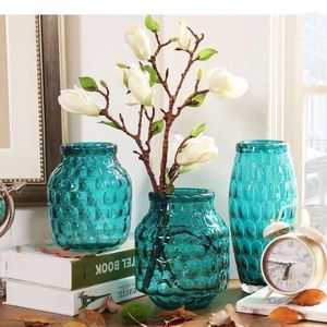 Vases Honeycomb Relief Glass Vase Blue Transparent Flower Pots Decorative Desk Decoration Hydroponics Floral Modern Home Decor