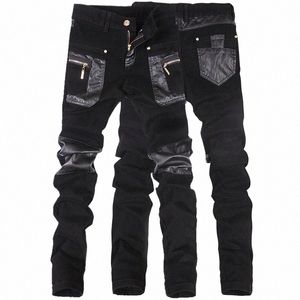 Nya FI Men Leather Pants Patchwork Casual Skinny Men's Motorcykel Jeans Högkvalitativa herrarna Slim Trousers Jeans Storlek 28-36 Z5MJ#