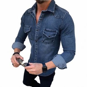 herrarna smala passande denim skjortor fi stilig lg ärm jeansjacka eller män mjuka solida två fickor smala elastiska skjortor g2te#