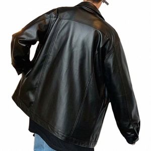 black Men Jacket Stylish Men's Faux Leather Jacket with Turn-down Collar Butt Closure Breast Pocket Spring/fall for Male K7Yf#