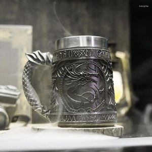 Mugs 600ml Dragon Shaped Rune Tankard Medieval Vintage Resin Stainless Steel Liner Wine Goblet Beer Stein Coffee Mug Friends Gift