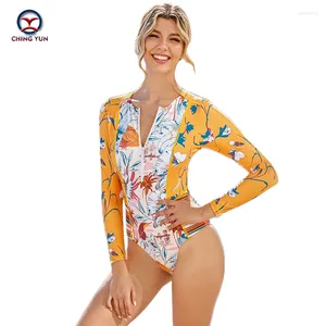 Women's Swimwear Ladies Fashion One-piece Swimsuit Long Sleeve Printed Zipper Style Surf Suit Sun Female & Spa Women