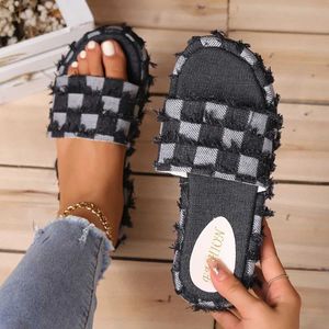Slippers Slippers Women Denim Slides Summer Beac Sandals Retro Slip on Wedges Plaorm Casual Open Toe Flat Jeans Canvas H240326YY3A