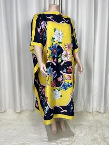 Women's Swimwear African2024 Saudi Arabian Scarf Loose Print Silk Maxi Dress Summer Beach Bohemian Robe Kaftan Kimono Short Sleeve C36