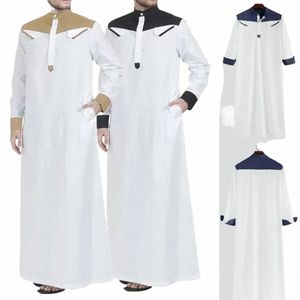 2024 Muslim Thobe Bequeme Männer Caftan Lg Sleeve Ctrast Farbe Moslemische Kleidung Mandarin Neck Muslim Robe für den Nahen Osten H7sl #