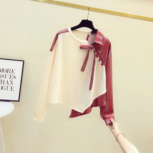 春の滑走路女性服ロングスリーブトップシフォンシャツパッチワークレースアップエレガントなフリルストライプ韓国のルーズブラウスティー240325