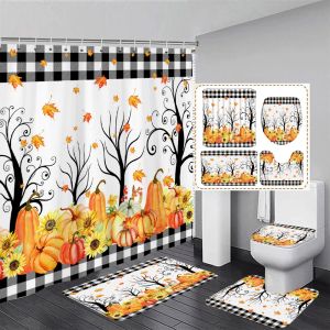 Tende Autunno Tenda da doccia Set Foglie d'acero Zucca Girasole Nero Bianco Bufalo Plaid Arredamento bagno Tappeto Tappetini da bagno Coperchio del WC