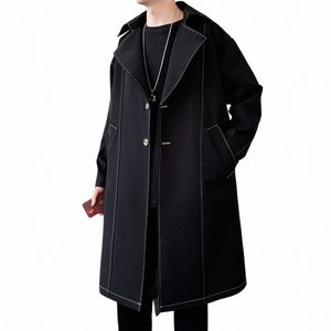 Top Quality Men's Chic Line Trenchcoat Outono Único Breasted Lg Trench Coat Masculino Cor Sólida Preto / Arroz Branco Jaqueta Casacos X5un #