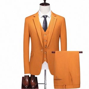 2023 Fi New Men 's Boutique Busin Slim Solid Color Suit Set / Male Slim Fit Double Split Blazers Jacket Pants Vest W40i#