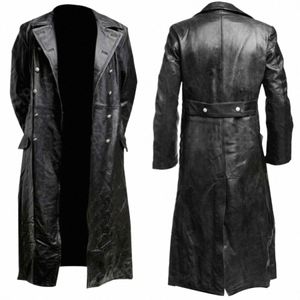 Herren DEUTSCHER KLASSISCHER WW2 MILITÄR UNIFORM OFFIZIER SCHWARZES ECHTLEDER TRENCHCOAT 73XJ#