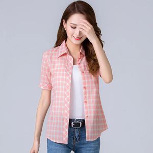 Summer Fashion Plaid Short Sleeve Shirt Women Blouse Casual Cotton Tops Fresh Girl Clothing 240327