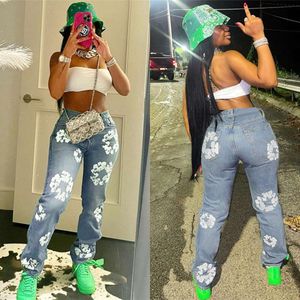 Y2K Womens Jeans Woman Flower Print Pants High Waist Female Fashion Vintage Straight Denim Retro Trousers