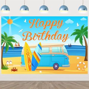 Decorazione per feste Surfing Happy Birthday Backdrop Seaside Surfboard Coconut Tree Pography Sfondo Summer Beach Decor