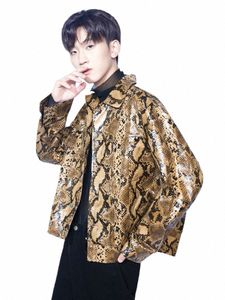 Mauroicardi Spring Autumn Loose Shining Colorful Snakesskin Print Pu Leather Jacket Men Luxury Designer Clothes Streeetwear K3EU#