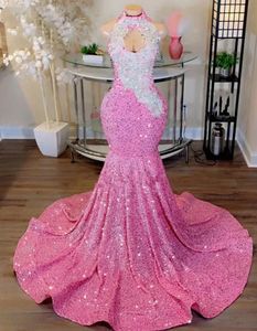 Sparkly Pink Prom Party Dress 2024 Donne Collo alto in pizzo Appliques Paillettes Perline Abiti da sera formali per compleanno Ragazze nere Gala Robe De Soiree