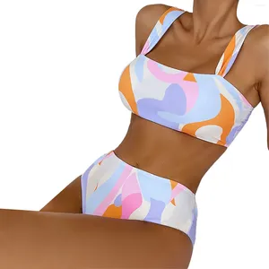 Roupa de banho feminina sexy tie-dye não posiciona o busto impresso dividido conjunto de maiô halter bikini top