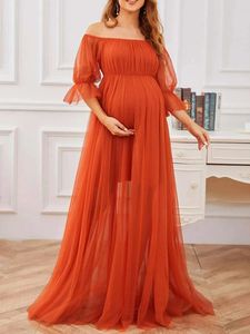 Casual Dresses Womens Long Maternity Dress Off Shoulder Short Sleeve Tulle klänning Graviditet för Poshoot Skin Friendly S-XL