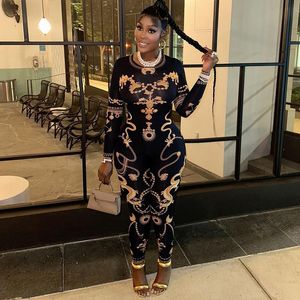 STYLISH LADY Geometrical Printed Rompers and Jumpsuits 2024 Spring Women Long Sleeve O Neck Bodycon Club Party Street Overalls