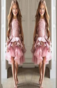 2021 Luxury Pink Flower Girl Dresses For Wedding Lace Appliques Ruffles Tiersed High Low Long Födelsedag Kids Beaut Pageant Ball G7282595