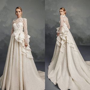 Vestidos de casamento vintage renda apliques vestidos de noiva mangas compridas uma linha pura pescoço varredura trem vestidos de noiva feitos sob encomenda mais tamanho