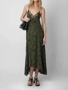 Casual klänningar mörkgrön fjäril tryckmönster spetsstitching spännklänning för kvinnor