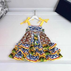 Girl's Dresses 2023 New Style Girls Dress Summer Girls Multicolor Flower Print Fashionable Children Strap Cake Dress YQ240327