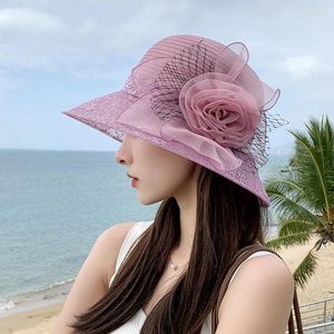 Wide Brim Hats Vintage Elegant Flower Sun Ladies Wedding Party Floppy Hat For Women Summer Anti-UV Travel Beach Caps