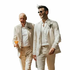 summer Beige Linen Suits for Men Formal Notch Lapel Wedding Groom Tuxedo Chic Beach Causal Male Suit 2 Piece Blazer+Pants x4PX#