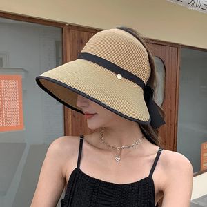 Cappelli a tesa larga Delfino Cappello da sole estivo fatto a mano da donna Grande fiocco nero Grande grondaia Spiaggia Paglia Natura Berretto Temperamento Piatto pieghevole