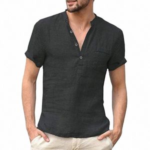 Verão Fi Cott Linho Casual Camisetas Casual Masculino Manga Curta V-Collar Respirável Tee Butt-up T S-5XL 33B5 #