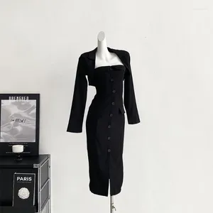 İş elbiseleri seksi ve zarif kadın seti sonbahar siyah ince fit moda kalça sarma etek takım elbise mizaç orta uzunluk