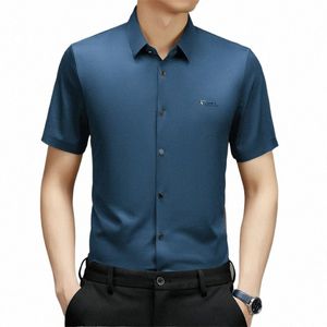 mens Busin Shirts Regular Fit Blue Summer Smooth Stretch Clothes Social Clothing Large Sizes Elastic Fi Husband Dr 95uc#