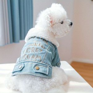 1pc Letter Embroidered Pet Denim Coat for Autumn and Winter Dog Warm Clothes