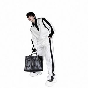 elegante nero bianco colore Ctrast Polo Set per uomo Lg maniche corte Polo pantaloni sportivi Due pezzi Set Casual bello Tuta h7Ve #