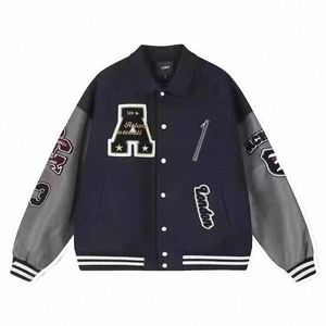 american Letter Embroidery Bomber Jacket Men Women Autumn Winter Leather Sleeves Patchwork Coat Unisex Varsity Baseball Outwear e1RA#