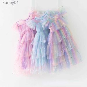 Flickans klänningar 2023 Sommarn New Girl Party Dress Rainbow Sequin Födelsedagsprinsessdräkt för barn Baby Holiday Beach Bathing Mesh Cake Clothes YQ240327