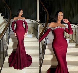 Elegant Burgundy Mermaid Evening Dresses for Women Off Shoulder Beaded Long Sleeves Formal Wear Prom Birthday Party Pageant Gowns Special Occasion Dress