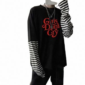 girl D't Gry Print T Shirt Trendy Women Harajuku Slogan Letter Printed Streetwear Clothes Summer Hip Hop Striped Lg Tshirts S3kW#