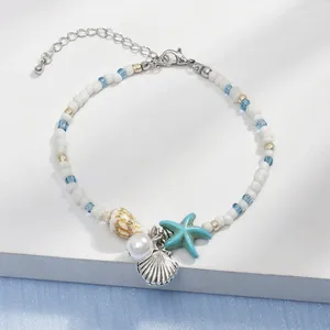 Link Bracelets Bohemian Turquoise Sea Star Shell Imitation Pearl Charm Beads Handmade Summer Beach Women Teenager Girls Jewelry