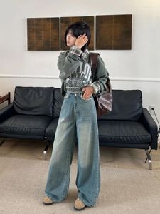 Pantaloni da donna Jeans retrò a gamba larga a vita alta per le donne in stile inizio primavera con bordi ruvidi e cintura ampia abbigliamento casual