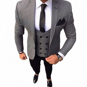 Последние мужские костюмы 3 шт Slim Fit Формальный свадебный выпускной Серый смокинг на заказ Жених Свадебный доктор Мужской костюмБлейзер + брюки + жилет D9Li #