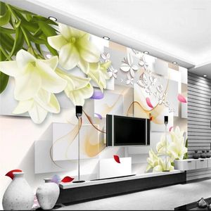 Bakgrundsbilder Wellyu 3D Stereo Flower Fresh TV Bakgrund Väggmålning Anpassad stor väggmålning Grön Silk Wallpaper Papel de Parede