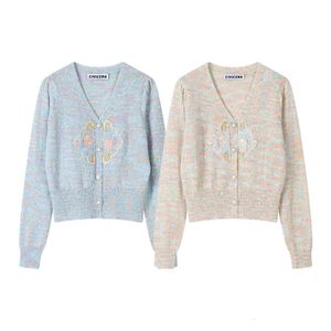 Wiosna i jesień Nowe haftowane koronkowe bąbelkowe rękawy z dzianiny z darniczką z chińskim stylem Pearl Button Sweater dla kobiet