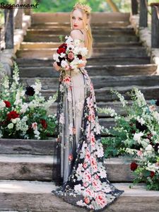 Blumenhochzeitskleid, A-Linie, bestickt, bunte Blumen, ärmellos, V-Ausschnitt, offener Rücken, Boho-Brautkleider