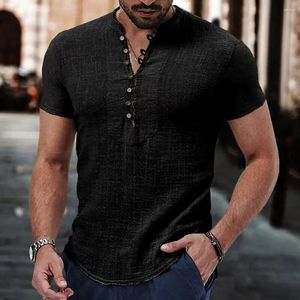 Camisas casuais masculinas clássico camisa de algodão coleção de linho respirável verão tops para uso diário botão de pescoço em v