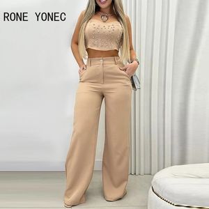 Women Chic Strapless Rhinestone Crop Top Solid Bottoms Pants Vacation Sexy Sets 240327