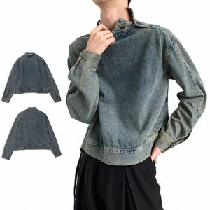 Koreańska kurtka dżinsowa mężczyźni kobiety High Street Wed Loose Pullovers Płaszcz Hip Hop Retro Casual Stand Tops Autumn Krótkie płaszcze Q8Zn#