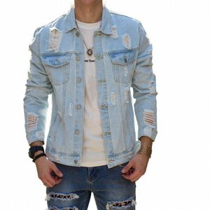 Autumn New Men Streetwear Fi Solid Otwory Slim Denim Kurtka Wysokiej jakości męska płaszcz męskiej kurtki L79B#