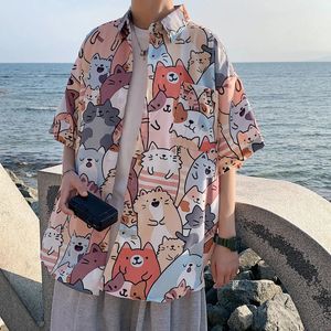 Deeptown kawaii botão até camisa animal gato impressão blusa feminina estilo japão verão hawaii gráfico cardigan casual bonito topos 240327